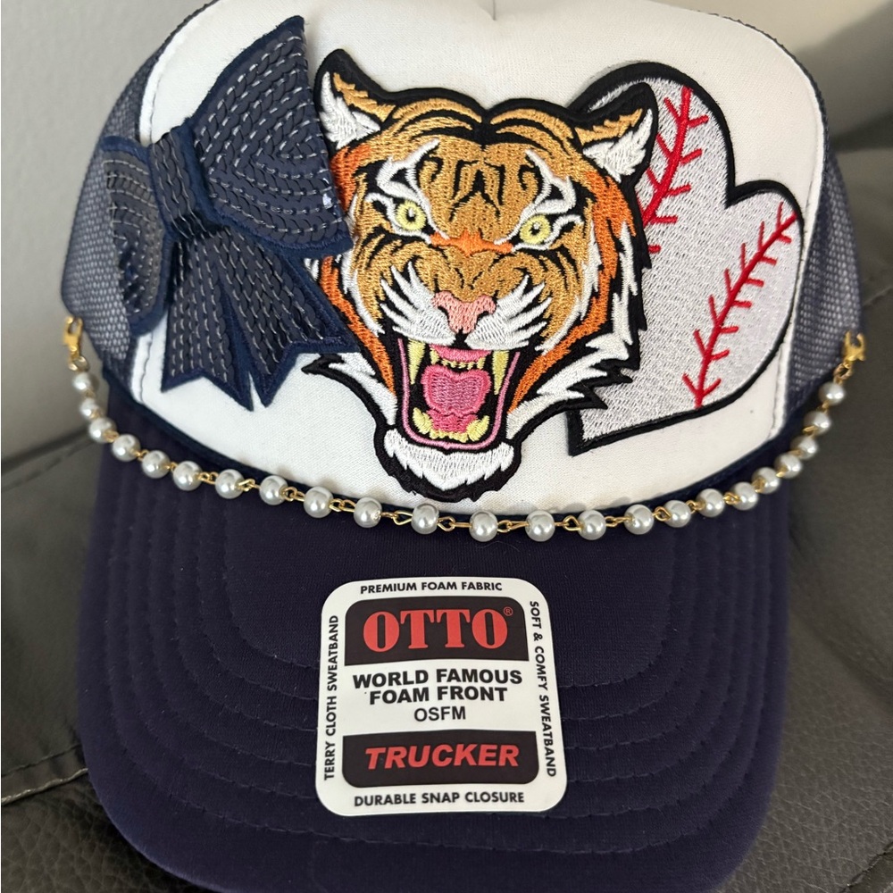 OTTO Navy and white trucker hat with baseball theme. OSFM
